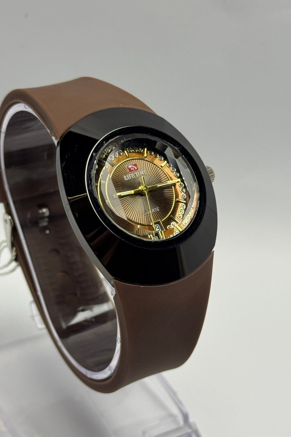 Lifetime Glossy Black & Brown Quartz Watch with Sunburst Dial